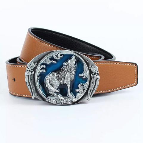 Ceinture à boucle en feuille de loup sauvage pour hommes, rétro Western Cowboy 3D, bleu émail Vintage ton gris, Snap-Fit, usage quotidien, cadeau ► Photo 1/6