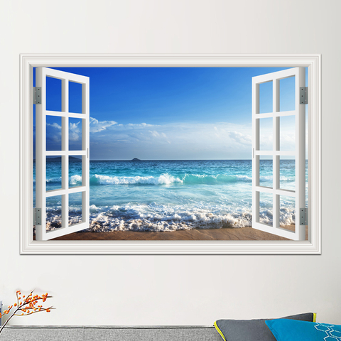 Bleu mer ciel été Nature photo paysage grand décalcomanie vinyle papier peint 3D fenêtre vue mur autocollant chambre décor PVC ► Photo 1/6