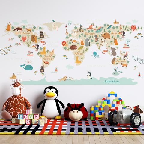 Animaux de bande dessinée carte Stickers muraux pour enfants chambre maternelle décor mural vinyle PVC Stickers muraux Art peintures murales décoration de la maison ► Photo 1/6