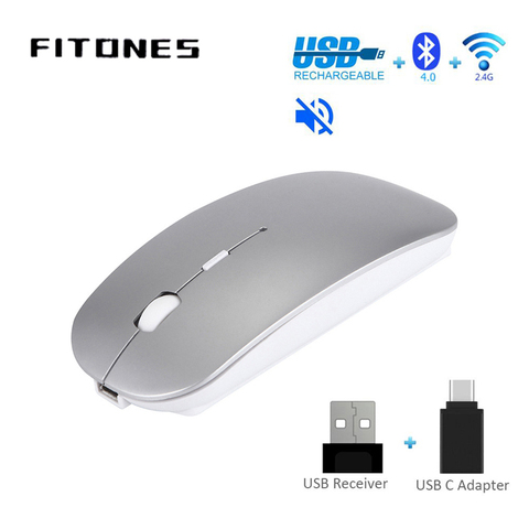 Souris sans fil Bluetooth 4.0 + 2.4G + type-c, rechargeable 10m, ergonomique, plate et Ultra fine, USB, noir ► Photo 1/6