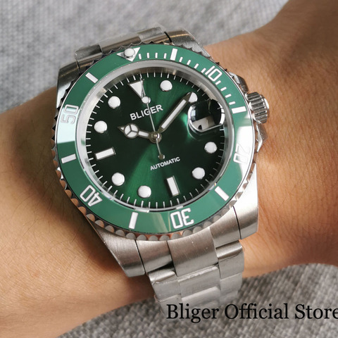 BLIGER – montre de luxe pour hommes, verte, boîtier en acier 316L, 24 bijoux, NH35, MIYOTA, 8215, bracelet en huître brossée, saphir, cristal, couronne à vis ► Photo 1/6