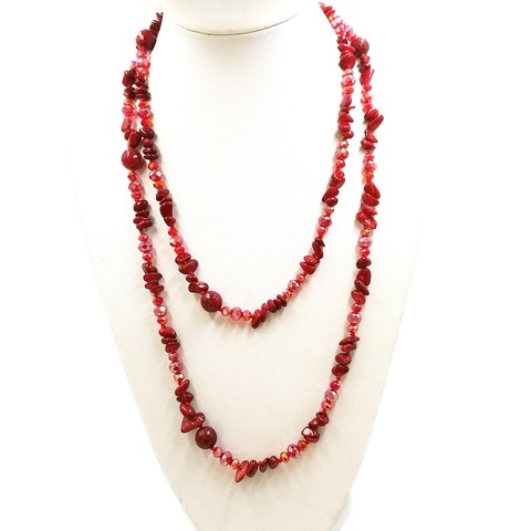 Collier Long noué avec pierres semi-précieuses, nouvel arrivage, perles de verre, couleurs bleu marine et rouge ► Photo 1/6