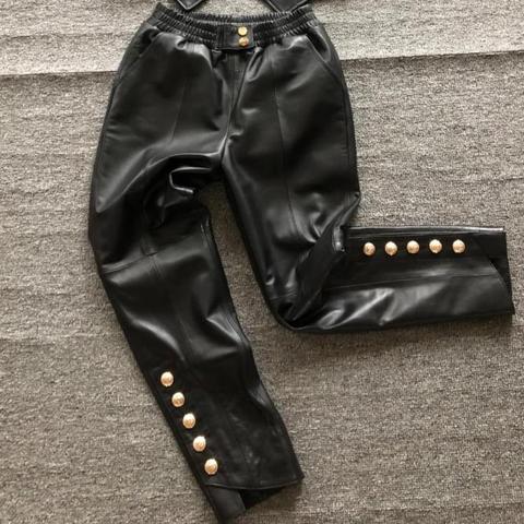 Couleur café pantalon en cuir véritable taille élastique véritable pantalon en cuir de mouton femme boutons en métal était mince pantalon en cuir F2028c ► Photo 1/6