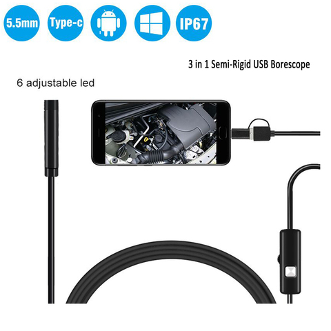 Caméra endoscopique Android 3 en 1, Semi-rigide, 5.5mm, pour Inspection, étanchéité IP67, serpent, avec 6 led, pour Type C, USB, PC ► Photo 1/6