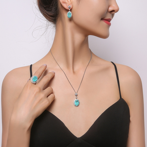 KNRIQUEN – ensemble de bijoux en argent Sterling 925, boucles d'oreilles Paraiba Tourmaline/collier/bague pour femmes, pierre naturelle, cadeau de mariage ► Photo 1/6