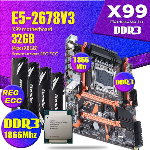 Atermiter X99 D3 DDR3 Ensemble Carte Mère Avec Xeon E5 2678 V3 LGA2011-3 CPU 4 pièces X 8 GO = 32 GO 1866MHz PC3 14900 DDR3 Mémoire ► Photo 1/6