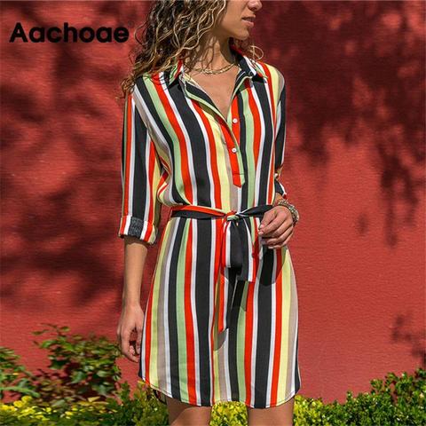 Aachoae à manches longues chemise robe 2022 été Boho plage robes femmes décontracté rayé impression a-ligne Mini robe de soirée Vestidos ► Photo 1/6