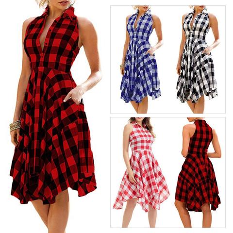 Offres spéciales!!! Nouveauté mode été dame Plaid impression bouton bas mince sans manches irrégulière robe Midi en gros livraison directe ► Photo 1/6