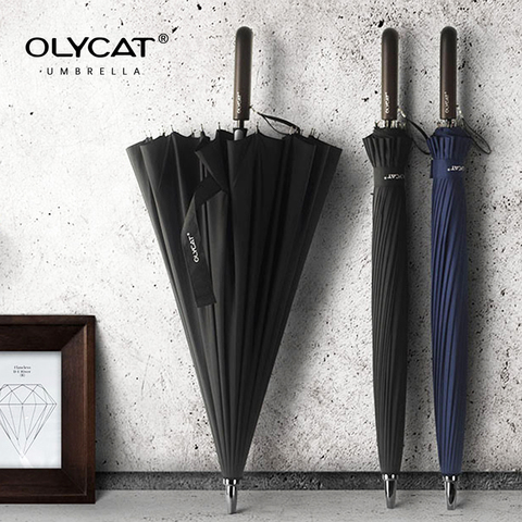 OLYCAT – parapluie Long droit coupe-vent avec poignée en bois solide, pour femmes et hommes, marque d'affaires, en fibre de verre, 24K ► Photo 1/6