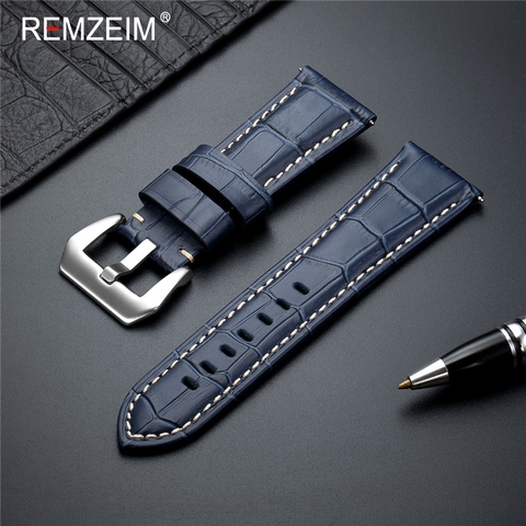 REMZEIM-Bracelet en cuir véritable avec boucle en métal massif, nouveau, 20 22 24 26mm, Bracelet de montre bleu ► Photo 1/5