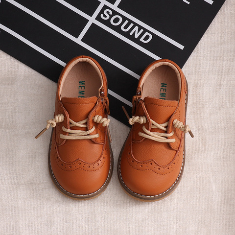 Chaussures d'automne en cuir véritable pour enfants, chaussures rétro simple pour bébés garçons et filles, semelle souple, antidérapante ► Photo 1/6