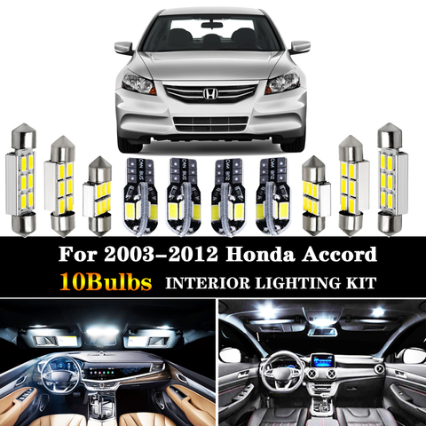 Kit de paquet intérieur pour voiture lampe à LED ampoules, 10 pièces, accessoires de voiture pour Honda Accord 2003-2012, accessoires, carte, plaques de porte, dôme ► Photo 1/6