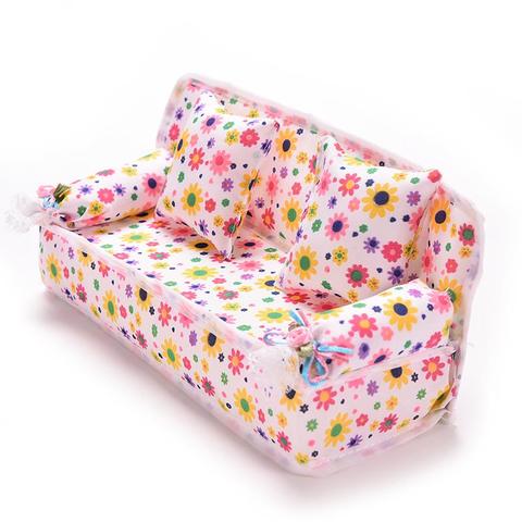 Canapé en tissu floral Miniature, avec 2 coussins, pour poupée, jouets de maison pour enfants, meubles de maison, 1 ensemble ► Photo 1/6