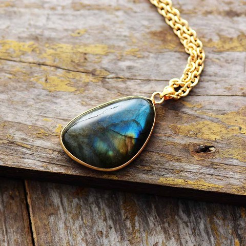 Collier avec pendentif en pierre naturelle, Labradorite, couleur or, bijou bohème Unique ► Photo 1/6