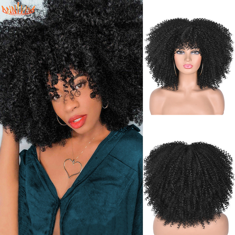 Cheveux courts Afro crépus bouclés perruques avec frange pour les femmes noires africain synthétique Ombre sans colle Cosplay perruques haute température 14