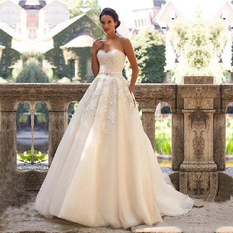 Glamour chérie cou Robe de mariée Vestidos de Novia 2022 dentelle Appliques avec ceinture à lacets robes de mariée Robe Mariage ► Photo 1/5