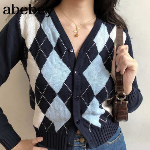 Plaid tricoté chandails femmes Vintage simple boutonnage à manches longues Cardigans mode col en V Slim Fit femme manteaux 1D185 ► Photo 1/5