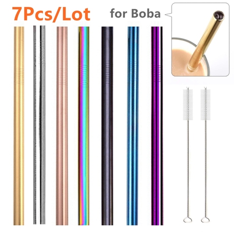 Paille métallique 8.5 en acier inoxydable 7 couleurs, 304 pouces large, ensemble de pailles réutilisables pour Boba, pour le thé aux bulles, accessoire de Bar au lait ► Photo 1/6