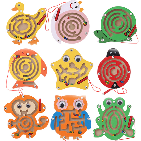 Enfants en bois éducatifs Montessori jouets magnétique labyrinthe écriture stylo Push perles petits animaux labyrinthe piste jouets pour enfants ► Photo 1/6