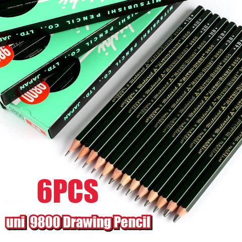 Ensemble de crayons japonais uni Mitsubishi 9800, 6 pièces, crayon à mesurer multi-niveaux de gris, pour dessin, ombrage, conception de croquis, étudiant ► Photo 1/5