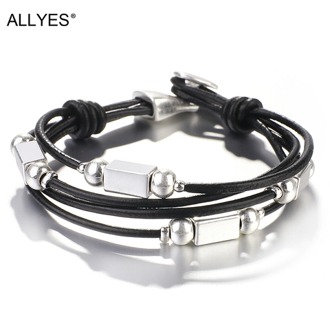 ALLYES – Bracelets en cuir noir faits à la main pour femmes, perles métalliques, breloque multicouche, bijoux féminins simples ► Photo 1/6