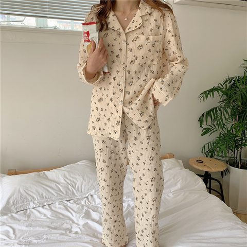 Automne hiver crêpe coton deux pièces ensemble vêtements de nuit femmes pyjamas ensemble à manches longues chemises pantalon maison ensemble imprimé floral vintage Y106 ► Photo 1/5