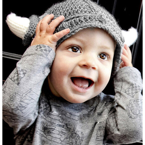 Bonnet tricoté à la main pour enfants, chapeau amusant, Crochet, dessin animé, cornes Viking, cadeau de noël ► Photo 1/6