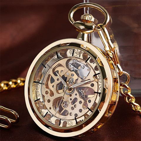 Transparent ouvert visage creux squelette mécanique montre de poche remontage à la main Vintage horloge cadeau d'anniversaire avec chaîne de poche reloj ► Photo 1/6