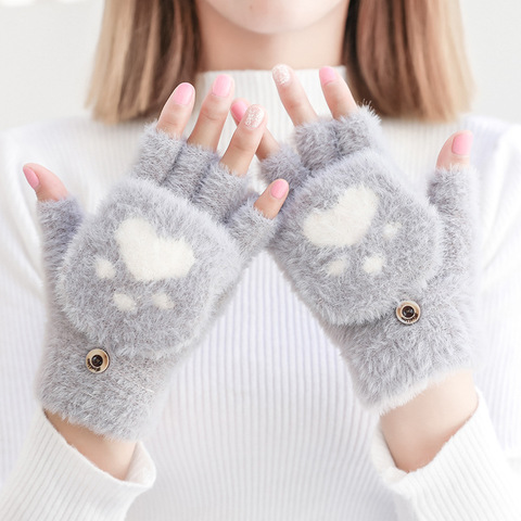 Gants chauds pour écran tactile pour femmes, avec griffe de chat mignon, sensoriel, couverture rabattable, sans doigts, tricoté, 1 paire, hiver ► Photo 1/6