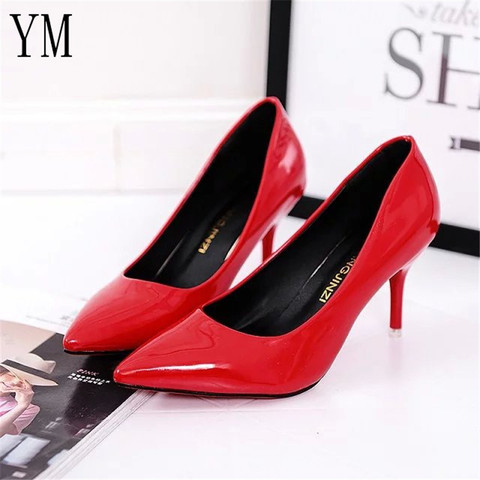 Escarpins à bout pointu pour femmes, robe en cuir verni rouge, talons hauts de 8CM, chaussures bateau ombre, chaussures de mariage, offre spéciale ► Photo 1/6