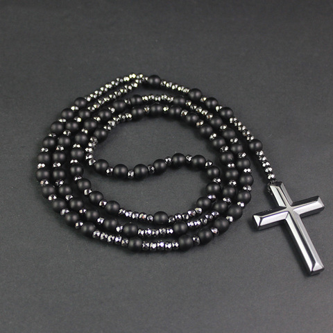 Bijoux Rosaray pour hommes, perles en pierre noire mate, avec perles à facettes en hématite, pendentif croisé, bijoux Rosaray, nouvelle collection, NSN013 ► Photo 1/6