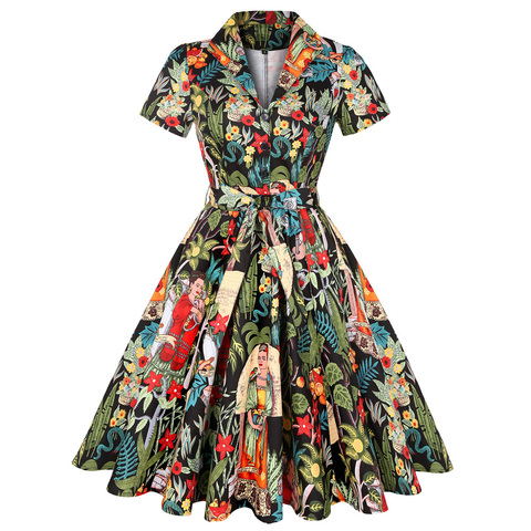 Robe Vintage en coton à manches courtes, grande taille, style rétro, imprimé Floral, modèle 2022, Rockabilly, S-4XL ► Photo 1/6