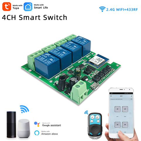 Interrupteur d'éclairage intelligent Tuya 4CH, appareil ménager, relais 5V/12V/32V,RF433,10A, Module,Alexa Google Assistant,Smart Life ► Photo 1/6