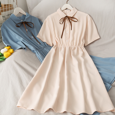 Robe en mousseline de soie pour femmes, solide, taille haute col rabattu, Style Preppy Ulzzang, tempérament populaire, vacances d'été ► Photo 1/6