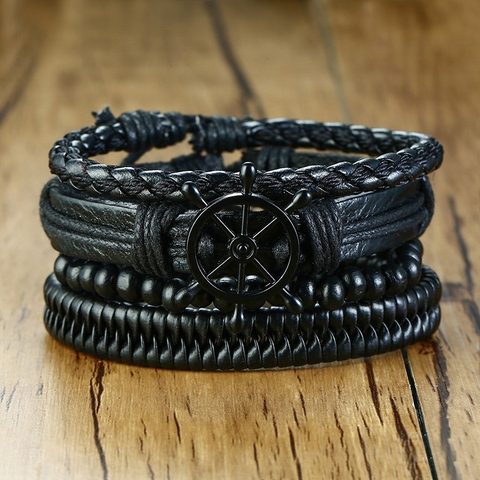 Vnox – Ensemble de 4 bracelets vintage en lanières de cuir tressé, avec décoration en perles en bois, style ethnique tribal convenant aux hommes et aux femmes ► Photo 1/6