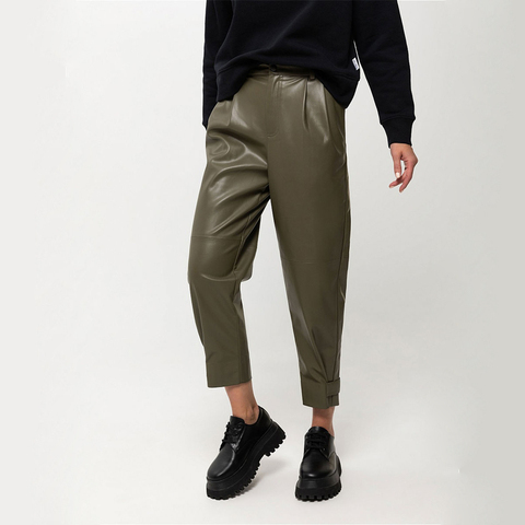 Décontracté couleur unie vraie poche en vrac Pu cuir pantalon bureau dames basique bouton fermeture éclair Harem pantalon 2022 nouvelle mode automne ► Photo 1/6