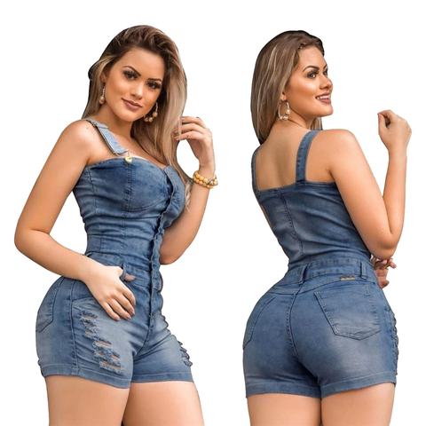 Combishort en jean sans manches pour femme, combinaison en Denim, boutons, grande taille, élégant, en coton, barboteuse courte, 2022 ► Photo 1/6