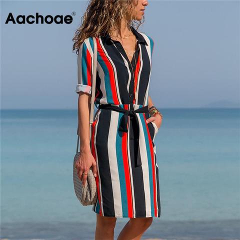 Aachoae robe 2022 été rayé a-ligne imprimer Boho plage robes femmes à manches longues bureau chemise robe Mini robe de soirée Vestidos ► Photo 1/6