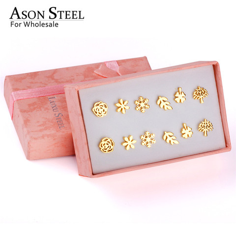 ASONSTEEL-boucles d'oreilles pour enfants, accessoires de noël, accessoires, arbre à fleurs, flocon de neige, 6 clous en acier inoxydable, paires/boîte ensembles de boucles d'oreilles, bijoux avec nom ► Photo 1/6