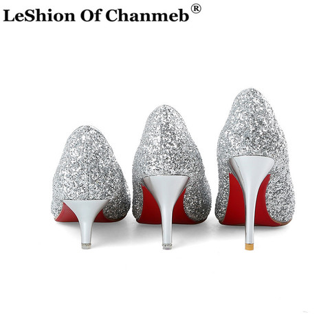 Sexy mince talons hauts chaussures femmes dames grande taille 45 paillettes pompes petite taille 33 femme femme Bling Bling argent or chaussures de fête ► Photo 1/6