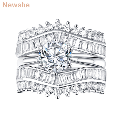 Newshe solide 925 en argent Sterling anneaux de mariage ensemble pour les femmes Solitaire rond coupe AAA Zircon bague de fiançailles garde bande QR7686 ► Photo 1/6