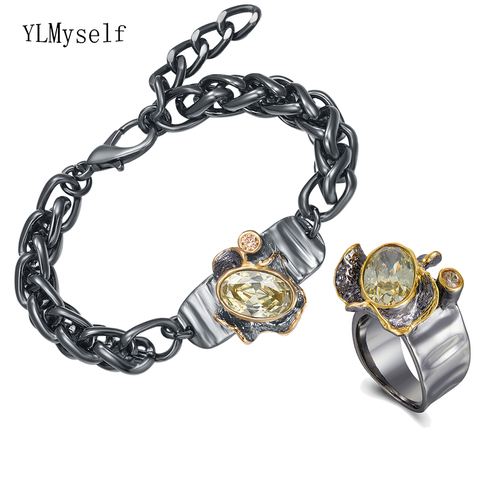 20 + 4cm quille chaîne Bracelet anneaux ensembles grand lien Olivine CZ pierres Cool 2 pièces ensembles de bijoux pour les femmes ► Photo 1/6
