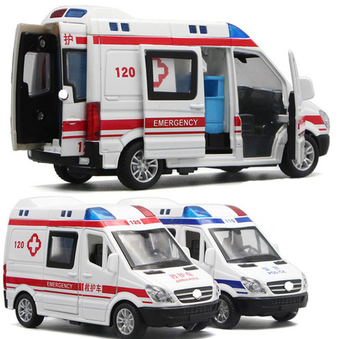 1:32 Hôpital de Sauvetage Ambulance Police Métal Voitures Modèle Pull Back Son et Lumière Alliage Moulé Sous Pression de voiture jouets pour enfants ► Photo 1/6