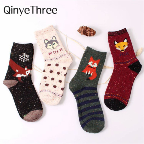 Coréen épais laine coton femmes fille équipage chaussettes automne hiver de Harajuku animal renard loup rayé sox marque belle mignon noël ► Photo 1/6