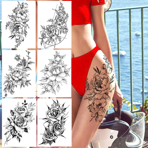 Réaliste Sexy pivoine tatouages temporaire femmes adulte fleur bras tatouages autocollant imperméable faux fleur sang corps jambe Art Tatoos ► Photo 1/6