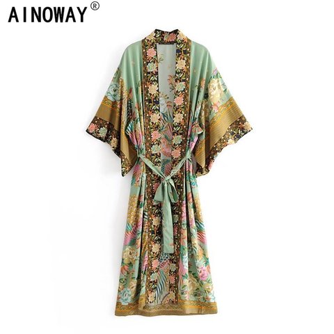 Robe Kimono bohème pour femmes, imprimé floral paon, manches chauve-souris, robe de plage, col en V, pompon, été ► Photo 1/6