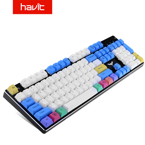 Havit-ensemble de clés PBT, 67 87 et 104 touches de Gaming, avec extracteur, pour clavier mécanique, Cherry MX à bricolage, blanc/bleu/jaune ► Photo 1/6