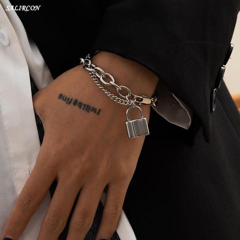 Salircon Kpop acier inoxydable serrure pendentif Bracelet sur la main Punk chaîne femmes hommes Bracelets breloque Couple Bracelet bijoux cadeau ► Photo 1/6