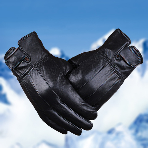 Gants en cuir véritable noir pour hommes, en coton épais, pour l'équitation en plein air, chauds, hiver ► Photo 1/6