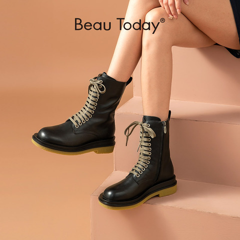 BeauToday mi-mollet bottes femmes véritable vache en cuir côté fermeture éclair à lacets femme plate-forme dame automne hiver chaussures à la main 03517 ► Photo 1/6